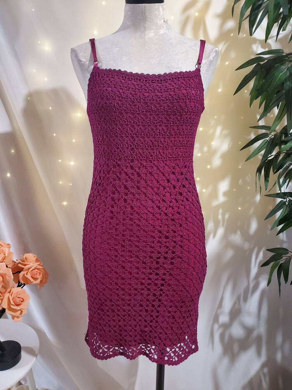 Vtg Karen Millen Crochet Bodycon Sheath Dress Size 1 UK 8/10 Magenta Purple Y2K